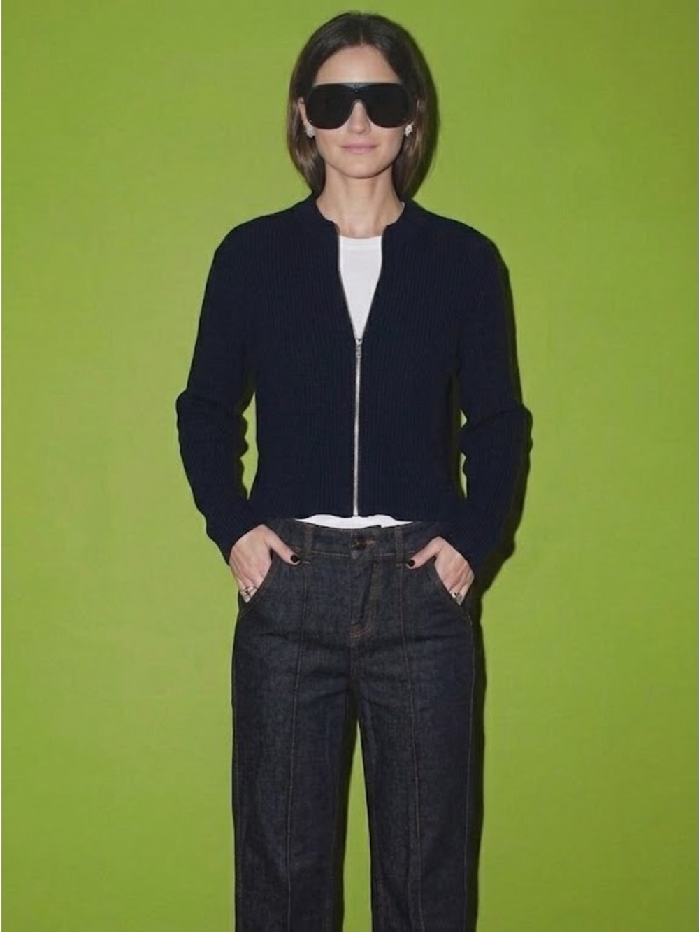 Women's Navy Zip-Front Ribbed Knit Jacket